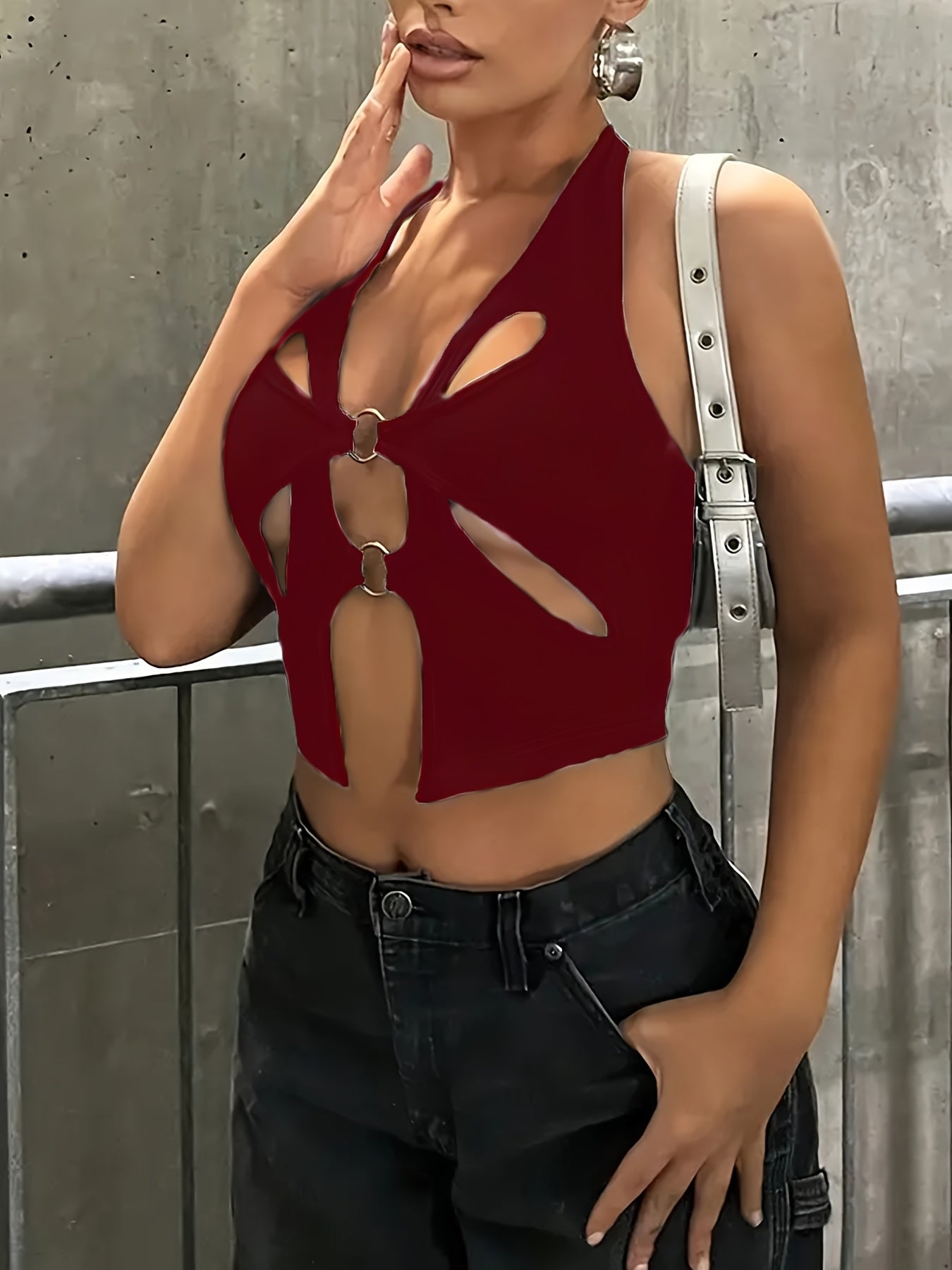 Sexy Backless Halter Neck Tank Top for Women - Sleeveless Cut-Out Design, High Stretch Polyester Fabric, Machine Washable, Perfect for Evening Outfits